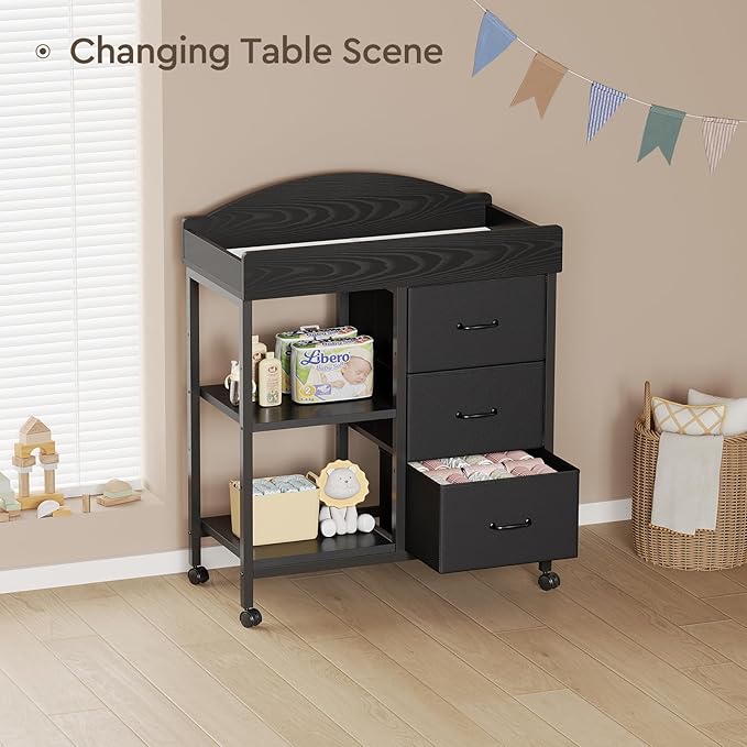 Changing Table Dresser, Baby Dresser with 3 Fabric Drawers and 2 Shelves, Multi-Functional Baby Changing Table with Pad, Classic Nursery Dresser, Diaper Changing Station for Nursery, Black-CubbioJoy
