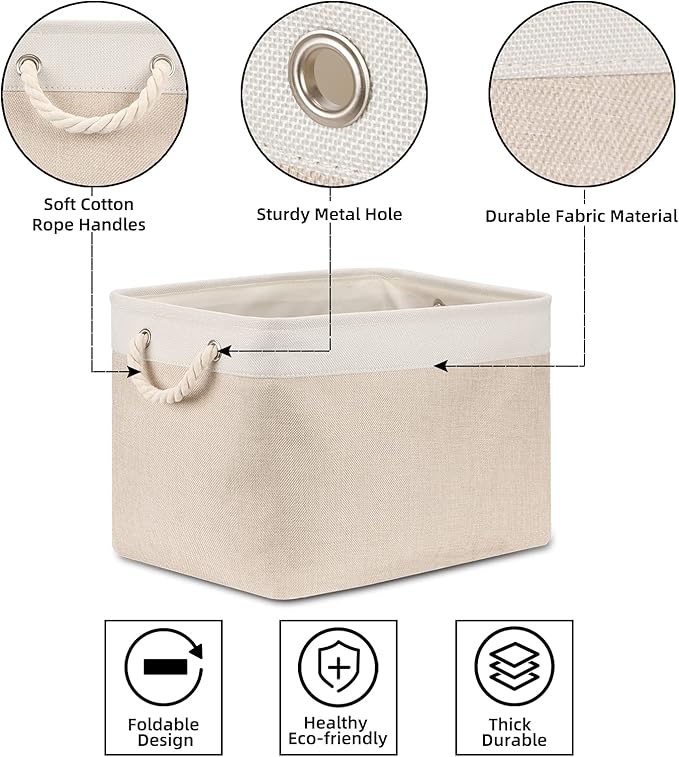 Bidtakay Beige Storage Basket Large Fabric Cloth Baskets [2-Pack] Tall Rectangular Shelf Baskets 16X11.8X11.8 in Canvas Collapsible Storage Bins with Handles for Organizing Living Room(White&Beige)-CubbioJoy