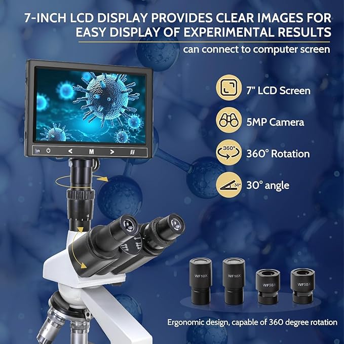 40X-5000X Compound trinocular Microscopes trinocular for Adults,Display Screen, Microscope Accessories, Microscopes for School Laboratory Home Education Abbe Condenser-CubbioJoy