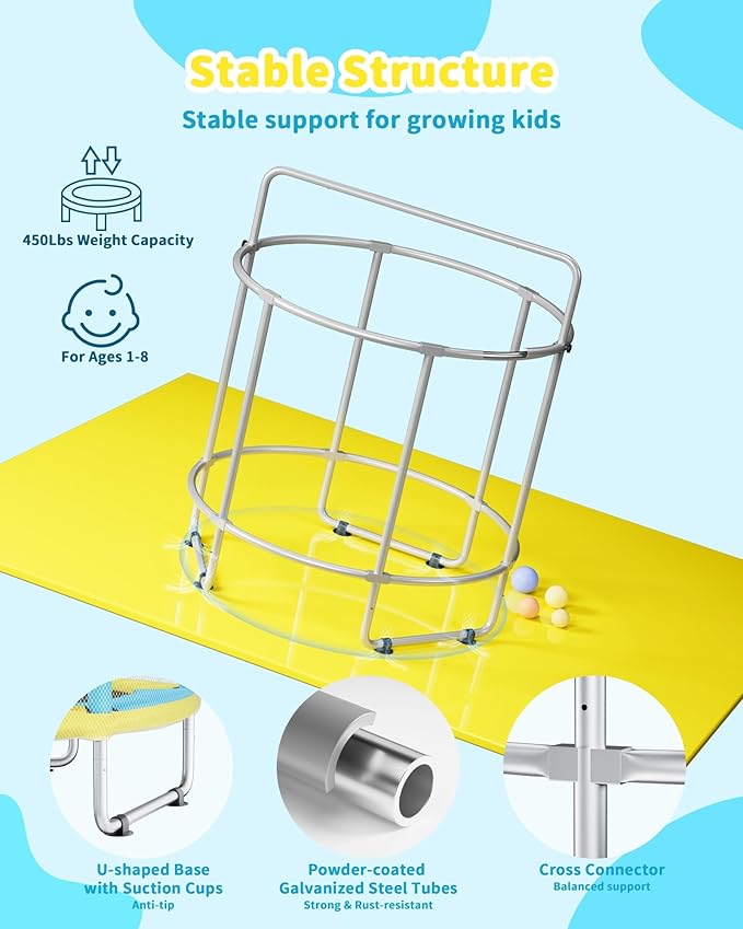 55” Trampoline for Kids, Powder-Coated Mini Trampoline for Toddlers, Indoor Outdoor Toys with Adjustable Gymnastics Bar, Swing, Basketball Hoop, Birthday Gifts for Boys & Girls Ages 1-8-CubbioJoy