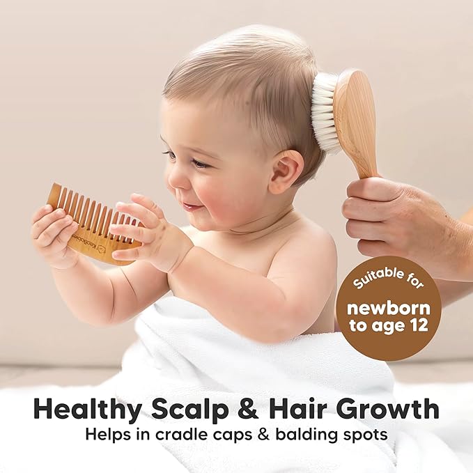Baby Hair Brush and Comb Set for Newborn - Wooden Baby Hair Brush Set with Soft Goat Bristle, Baby Brush Set for Newborns, Baby Brush and Comb Set Girl, Boy, Toddler Cradle Cap Brush (Round, Walnut)-CubbioJoy