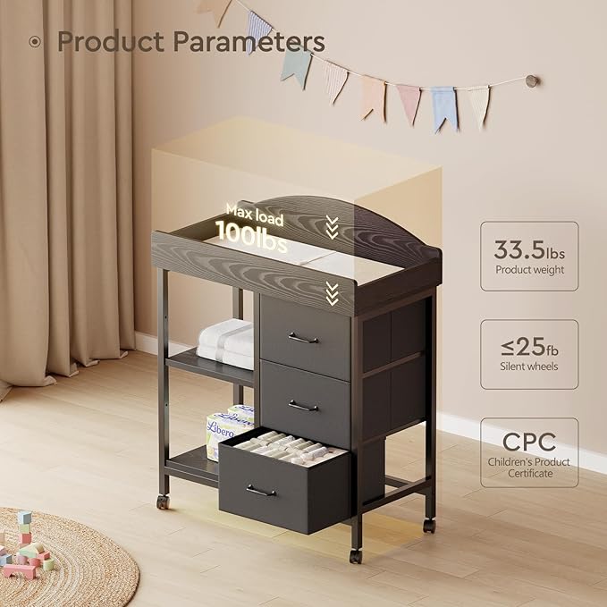 Changing Table Dresser, Baby Dresser with 3 Fabric Drawers and 2 Shelves, Multi-Functional Baby Changing Table with Pad, Classic Nursery Dresser, Diaper Changing Station for Nursery, Black-CubbioJoy