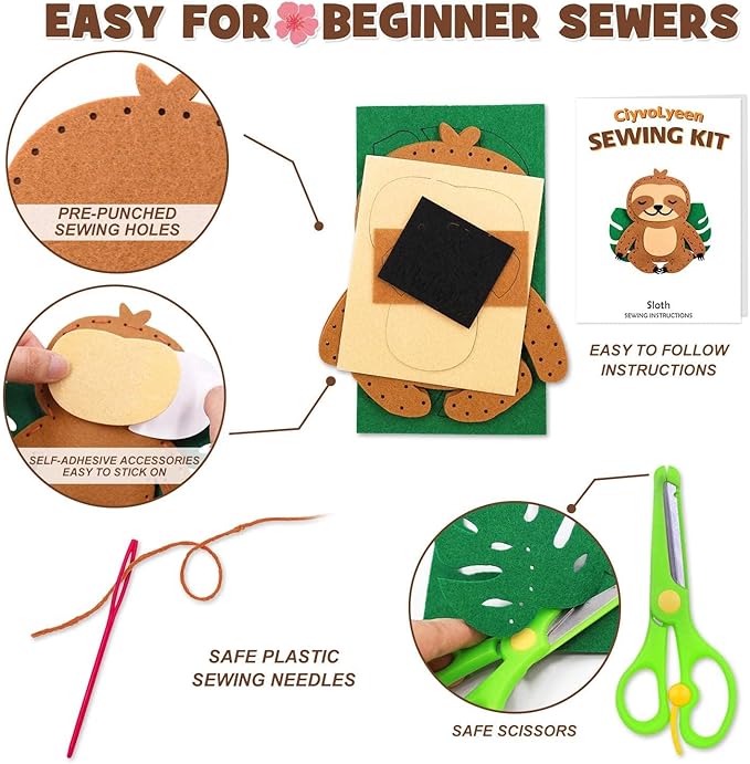 CiyvoLyeen Sloth Sewing Craft Kit Jungle Animal DIY Craft Sewing Kit for Girls and Boys Educational Sewing Kits for Kids Age 8 9 10 11 12 Craft Kit Includes 8 Projects-CubbioJoy