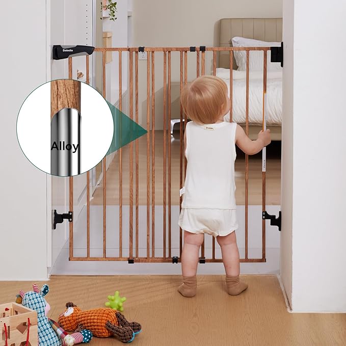 Babelio 34" Extra Tall Baby/Dog Gate with No Threshold Design Walk Thru Door, 26-43" Auto Close Safety Gate for Babies, Elders and Pets, Fits Doorways, Stairs, and Entryways, Brown Wood Pattern-CubbioJoy
