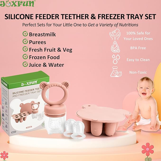 JEXFUN Baby Breastmilk Popsicle Molds & Baby Fruit Food Feeder Pacifier Combo, BPA Free Silicone Nibble Freezer Tray Storage Containers Teething Toys for Safe Infant Self Feeding, 4 Month+(Orange)-CubbioJoy