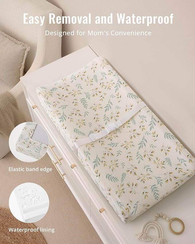 Blissful Diary Muslin Baby Changing Pad with Waterproof Lining Foam, Diaper Changing Table Pad with Cover for Dressers (Botanical Leaf, Rectangular)-CubbioJoy