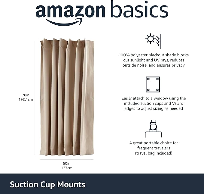 Amazon Basics Portable Blackout Curtain Shade with Suction Cups, 50"W x 78"L, 1-Pack, Beige-CubbioJoy