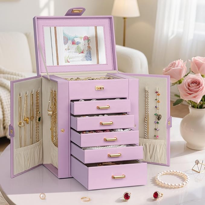 AKOZLIN Jewelry Box Organizer Functional Leather Jewelry Storage Case for Women Girls Ring Necklace Earring Bracelet Holder Organizer with Mirror-CubbioJoy