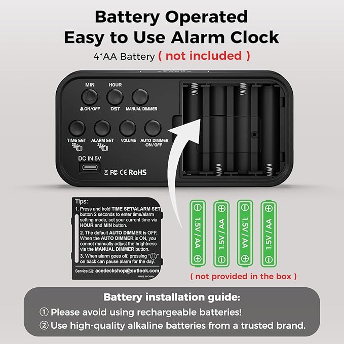 Battery Operated Digital Clock: Cordless Small Alarm Clock for Bedroom Travel - Large Numbers 4 Dimmers for All Ages Red Digits-CubbioJoy