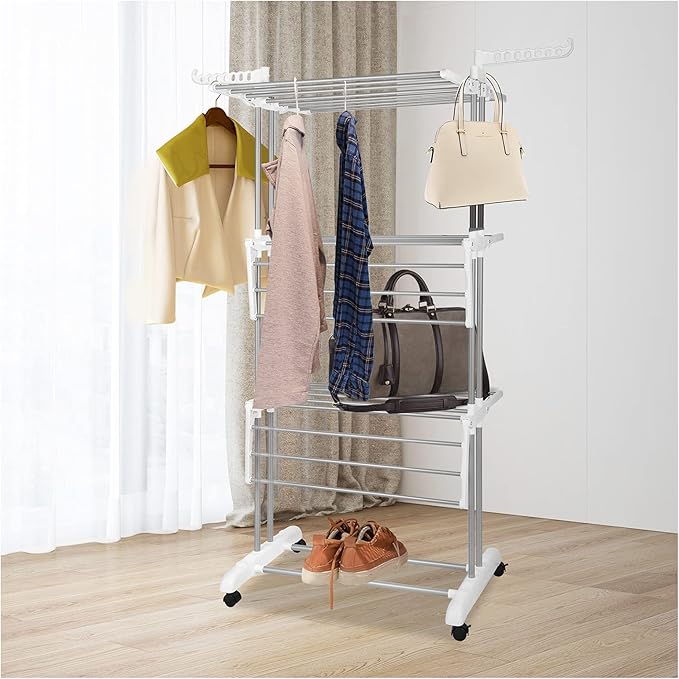 Bigzzia Clothes Drying Rack, Folding Stainless Steel Drying Rack Clothing Indoor Outdoor, Space-Saving, 4 Tier Laundry Drying Rack with Two Side Wings -Grey White-CubbioJoy