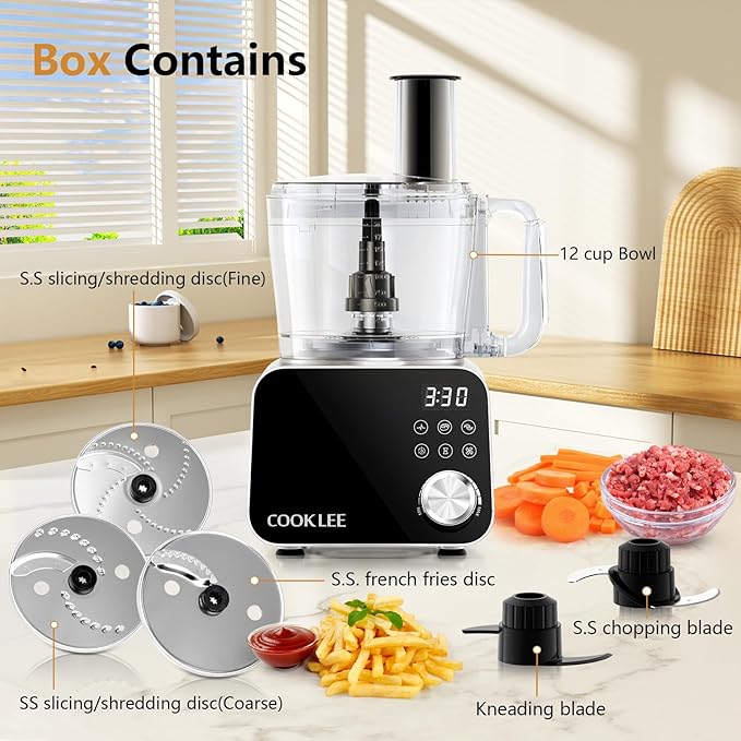 COOKLEE Food Processor, 600 Watts, 6 Functions Electric Food Chopper for Chopping, Mincing, Dicing, Shredding, Slicing, Purees & Dough with 12cup Processor Bowl, Food Chute & Pusher, Silver-CubbioJoy