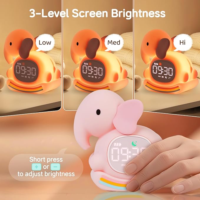Alarm Clock for Kids with Night Light, Sleep Training Clock Time to Wake Clock, Rechargeable Silicone Light for Bedroom, Perfect Sleep Companion for Boys Girls, Pink Elephant-CubbioJoy