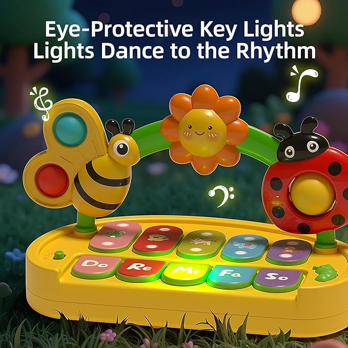 Baby Piano Toy for Kids 0-6-12-18 Months, Light Up Baby Keyboard Musical Toy with Press Pop Bubbles, 4 Modes Toddler Piano for Boys Girls Ages 1-3, Detachable & Portable Infant Toy Gift-CubbioJoy