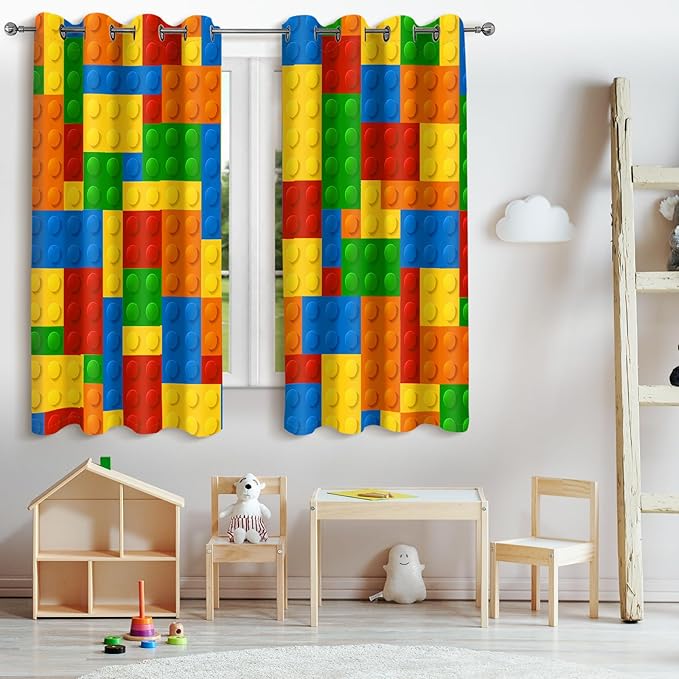 Jekeno Colorful Building Blocks Blackout Curtains - Kids Boys Girls Teens Abstract Geometric Toy Curtains Toddlers Bedroom Playroom Blue Red Yellow Decor Grommet Window Drapes 2 Panel Set, 42"x54"-CubbioJoy