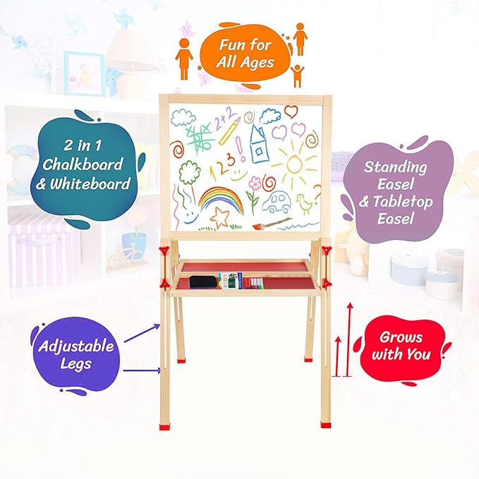 Adjustable Wooden Easel for Kids, Foldable Standing Art Easel for 3, 4, 5, 6, 7, 8 Years Old with Accessories, Drawing Painting Gifts for Boys & Girls Toddlers, Great Presents for Birthday-CubbioJoy