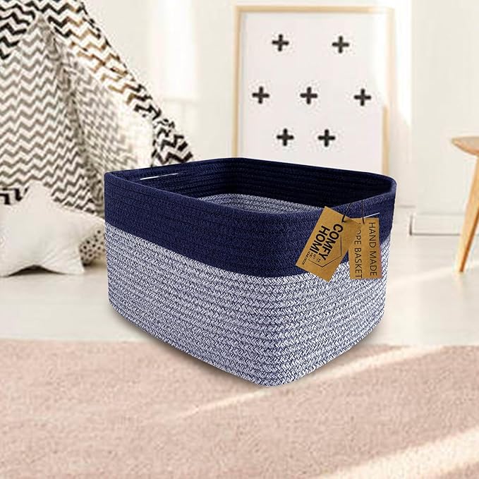 COMFY-HOMI 3PACK Rectangular Cotton Rope Basket With Handles for Shelves|Dog Toy|Baby Gift - Dark Blue (13.5" x 11" x 9.5")-CubbioJoy
