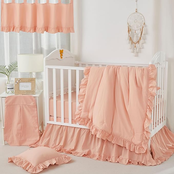 Brandream Baby Crib Bedding Set for Girls Boys Gender Neutral Boho Bohemian Farmhouse Chic Ruffle 6-Piece Nursery Bedding Set - 100% Cotton with Washed Craft Blush Pink Super Soft-CubbioJoy