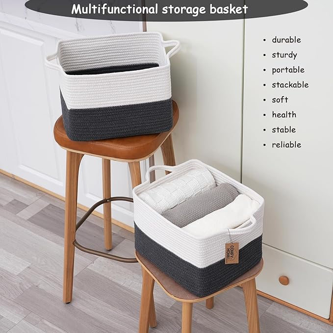 COMFY-HOMI Cotton Rope Woven Basket with Handles for Shelves,Toys,Book, Cloth Storage Baskets Bin for Organizing-13.5"x11"x9.5" Toy Decorative Organizer for Living Room, Bathroom-White/Dark Grey-CubbioJoy