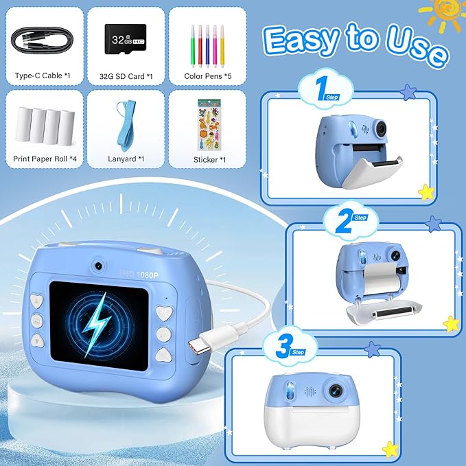 Instant Print Camera for Kids - Front Rear Dual Selfie Kid Print Camera, Fun Birthday Gift for Boys Ages 3-12, HD Digital Video Cameras, Easy to Use for Toddler - Blue-CubbioJoy