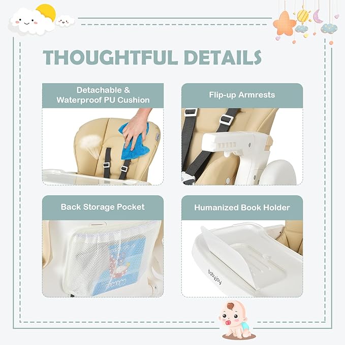 BABY JOY High Chair for Babies & Toddlers, Foldable High Chair w/Adjustable Height/Backrest/Footrest, Double Removable Tray, Book Holder & Storage Bag, Highchair for 6-36 Months Girls Boys (Beige)-CubbioJoy