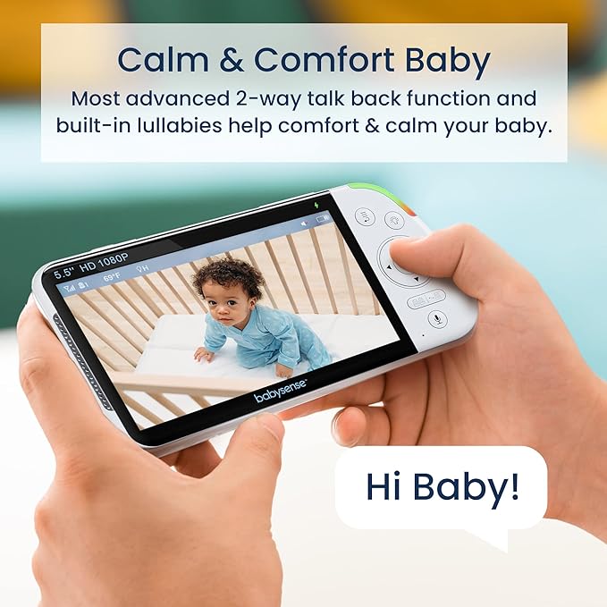 Babysense 5.5" Full-HD Split-Screen Baby Monitor, 1080p Video Baby Monitor with Camera and Audio, 3 Cameras with 6-Color RGB Night Light, 1000ft Range, Two-Way Audio, 4X Zoom, Large Battery-CubbioJoy