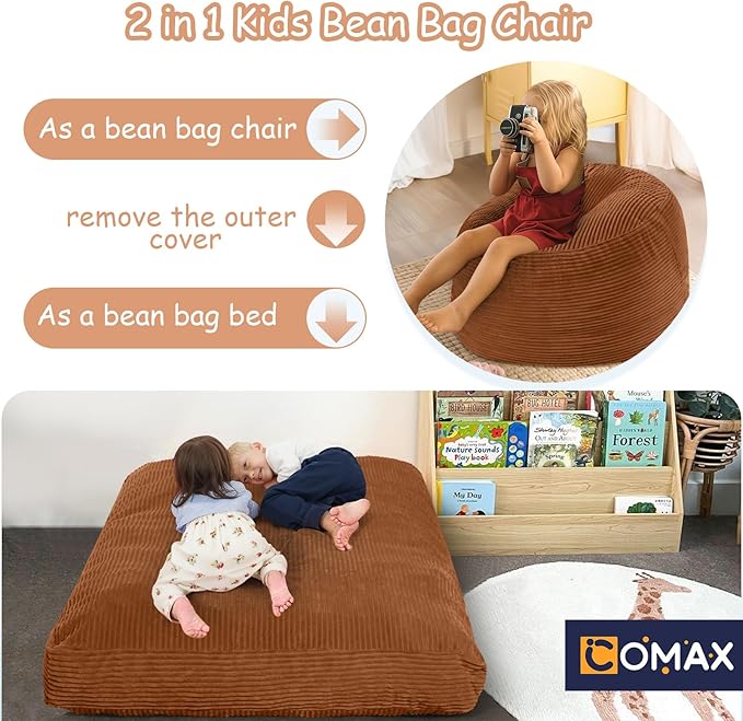 COMAX Kids Bean Bag Chair Turn into Beanbag Bed, Toddler Bean Chair Corduroy for Girl Boy Sleeping, Lazy Children Bean Bags with Filler, Convertible Child Floor Mattress, Orange-CubbioJoy