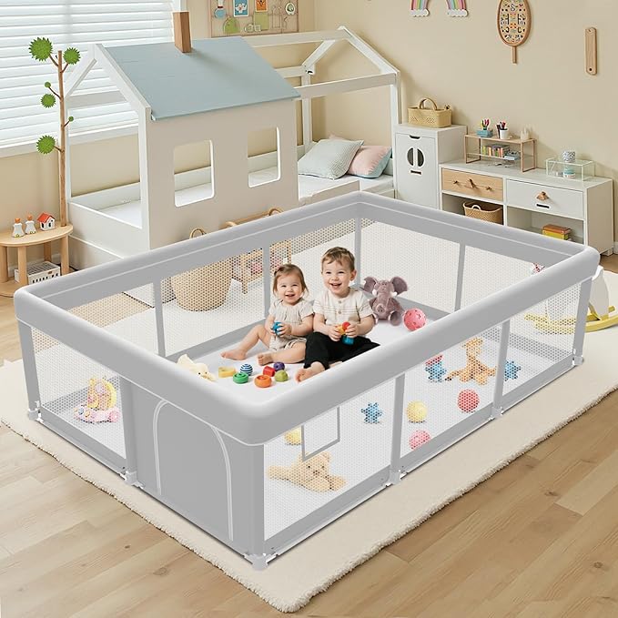 Baby Playpen 74x50 Inch, Playpen for Babies and Toddlers, Play Pen Indoor & Outdoor Active Center, Sturdy Safety Playard with Anti Slip Suction Cups, Skin-Friendly Fabric, Large Space Baby Fence-CubbioJoy