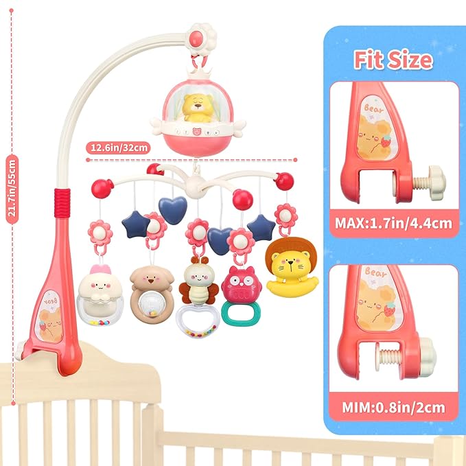 Baby Crib Mobile with Night Lights and Music,Hanging Mobile for Crib Bassinet with Rotation, Projection,Remote Control,Babies Crib Toys for Nursery Newborn Infant Boys Girls (Pink)-CubbioJoy