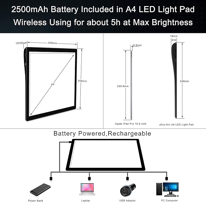 A4 Wireless Battery Powered Light Pad, TOHETO Tracing Light Box Dimmable Brightness Rechargeable LED Light Board Portable Cordless Copy Board for Artist Drawing Sketching X-ray Viewing-CubbioJoy