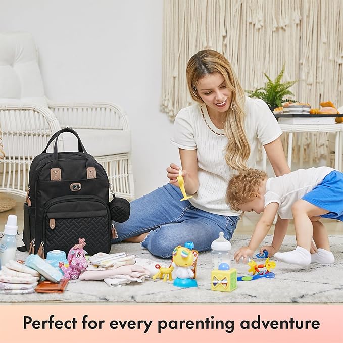 Dikaslon Diaper Bag Backpack with Portable Changing Pad, Pacifier Case and Stroller Straps, Large Unisex Baby Bags for Boys Girls, Multipurpose Travel Back Pack Moms Dads, Black-CubbioJoy