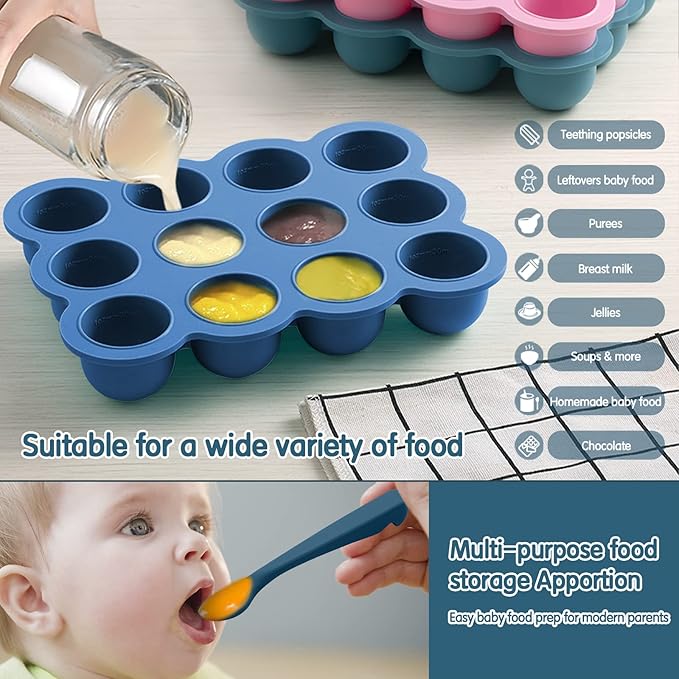 Baby Food Storage 12 x 1.5OZ Silicone Freezer Tray with Lid, Food Grade Silicone Containers for Purees & Vegetables Midnight Blue-CubbioJoy