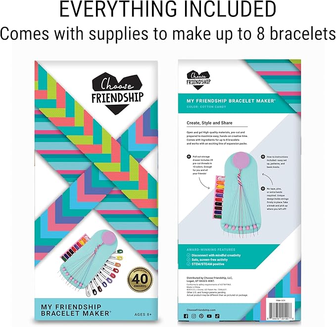 Choose Friendship, My Friendship Bracelet Maker®, an American Original | 20 Pre-Cut Threads - Makes Up to 8 Bracelets | Craft Kit, Kids, Bracelet Making Kit, Jewelry-Making Kit, Gifts for Girls 8-12-CubbioJoy