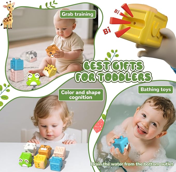 Animal Soft Gel Stacking Block Set Soft Silicone Baby Blocks Toys for 18 Months to 3 Years Old Early Learning Touch Bath Educational Toys with Numbers Animals Fruits Texture-CubbioJoy