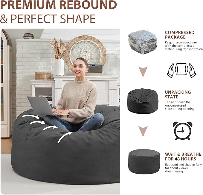 3FT Bean Bag Chair, Comfy Bean Bag Chairs with Memory Foam Filled, Fluffy Beanbag Sofa with Dutch Velvet Cover, Round BeanBag Chairs for Living Room, Playroom- Grey-CubbioJoy
