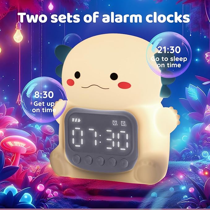 Axolotl Alarm Clock with Night Light for Kids, Rechargeable Silicone Lamp Time to Wake Clock Cute Animal Tabletop Lamp, Perfect Sleep Companion for Boys Girls, White-CubbioJoy