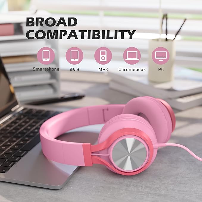 AILIHEN C8 Girls Headphones, On-Ear Headphones Wired with Microphone and Volume Control Foldable Corded Stereo 3.5mm Headset for Girls School Chromebook Laptop Computer PC Tablets Travel (Pink)-CubbioJoy