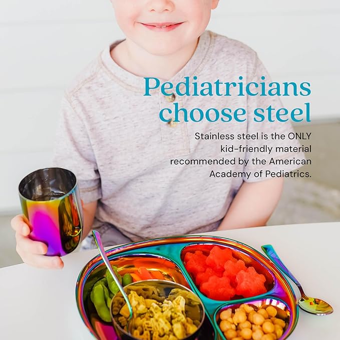 Ahimsa Stainless Steel Kids Dinnerware Set - 5 Piece Stainless Steel Toddler Plates and Bowls Set, Pediatrician Designed, Non Toxic Toddler Plate and Bowl, Kids Utensils and Cup (Rainbow)-CubbioJoy