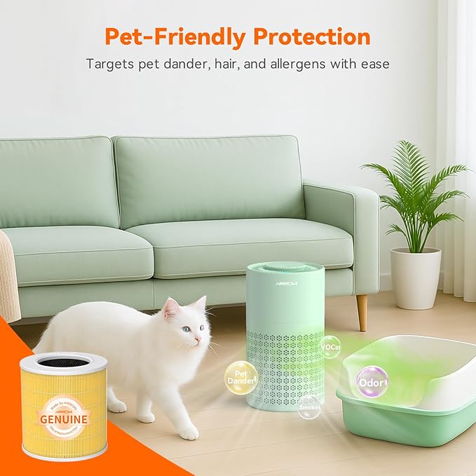 AIRROMI Air Purifier for Bedroom with HEPA 3-in-1 Filter, Pet Air Purifier for Home Cat Pee Smell, Covers Upto 990 Ft², Quiet 360°intake Air Cleaner for pet hair,allergies,Dust,Smoke A2001 Green-CubbioJoy