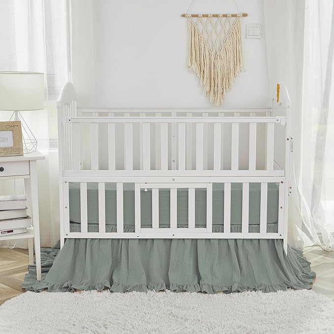 Brandream Gender Neutral Boho Bohemian Baby Girl Boy Nursery 3 Pieces Crib Bedding Set Solid Green Farmhouse Chic Ruffle Unisex Cozy 100% Washed Cotton-CubbioJoy