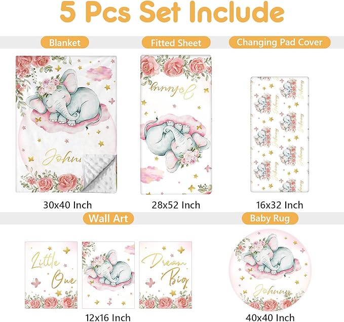 Custom Baby Crib Bedding Set, 5 Pcs Personalized Name Baby Crib Sets for Infant Toddler, Floral Elephant Nursery Bedding Set for Baby Girls, Double Layer Baby Bedding Sets Customized Gifts-CubbioJoy