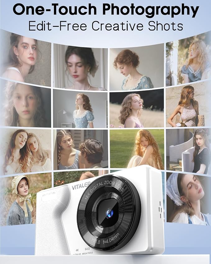 Digital Camera with Front Rear Lens, Autofocus 64MP 4K Camera for Photography with 32GB Card, Portable Compact Point and Shoot Camera for Teens Adult Beginner with Metal Shell, 2000mAh Battery-CubbioJoy