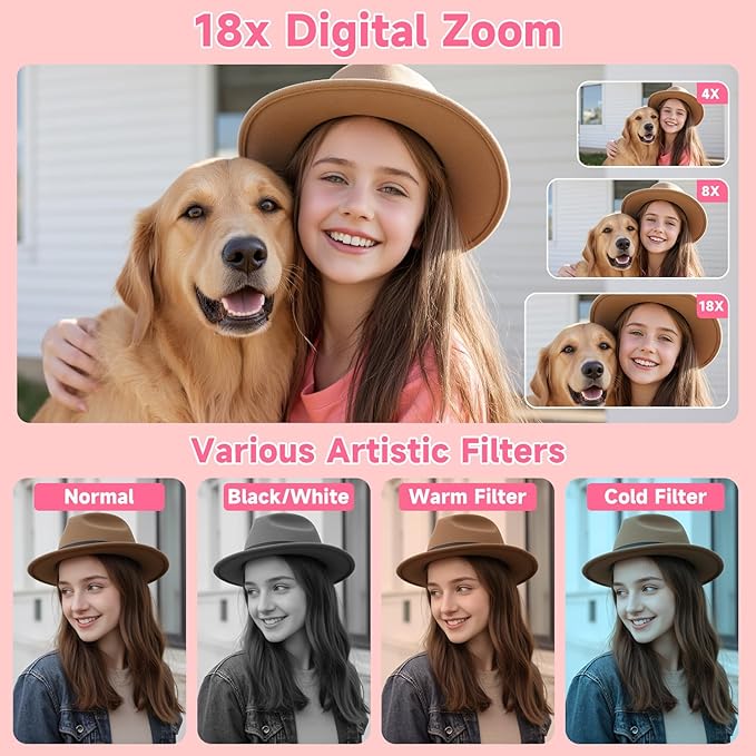 Digital Camera, Autofocus 4K 64MP Point and Shoot Digital Cameras for Teens with 64GB Card, 18X Zoom Anti-Shake Compact Video Camera for Student Kids Boys Girls Beginner - Pink-CubbioJoy