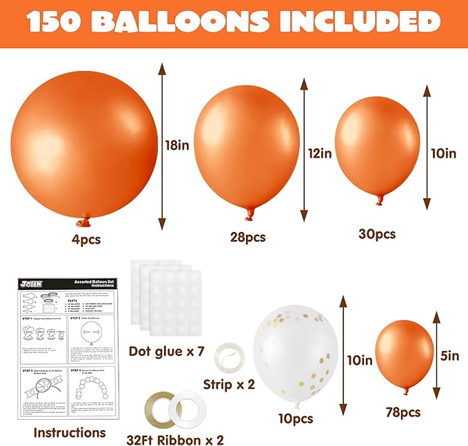JOYIN 150 Pcs Orange Balloons, Different Sizes 18 12 10 5 Inch Orange Latex Balloon Arch Kit with Instruction for Birthday Party Graduation Wedding Holiday Decoration-CubbioJoy