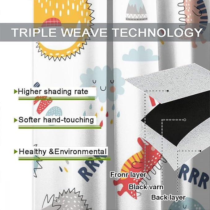 Cartoon Dinosaur Curtains for Kids Boys Girls Home Decor Colorful Cute Dino Animals Print Pattern Rod Pocket Blackout Window Drapes for Nursery Baby Bedroom Playroom W27.5xL63in 2 Panels-CubbioJoy