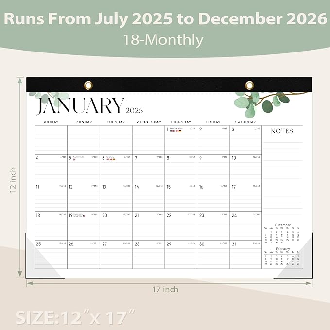 Desk Calendar 2025-2026, 18 Months (July 2025 to December 2026) - Large Size 17" x 12" Desktop/Wall Monthly Calendar with To Do List, Personal Desk Calendar Planner for Home, School, Office - Leaf-CubbioJoy