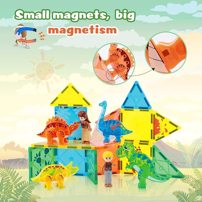 Dinosaur Magnetic Tiles,Animals Magnet Building Blocks Toys Dino World,3D STEM Educational Magnet Tiles for Boys Girls Kids Age 3 4 5 6 7 8-CubbioJoy