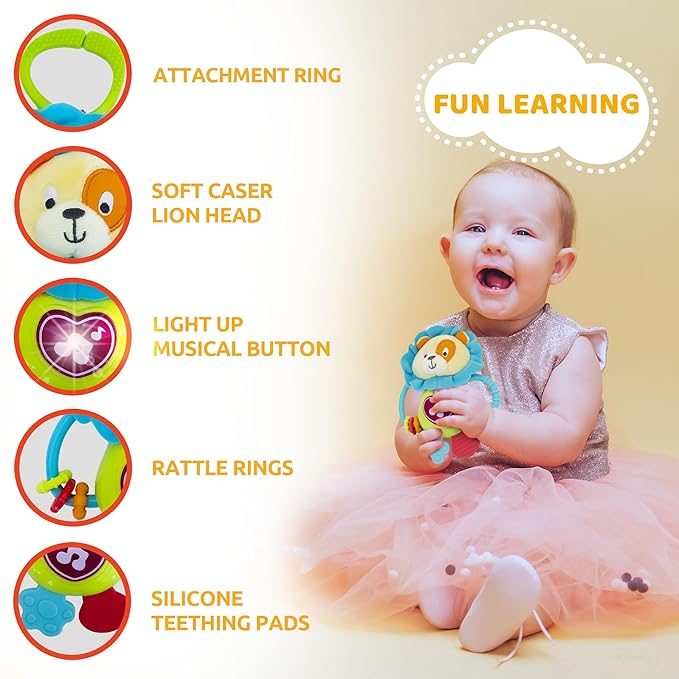 KiddoLab Musical Caesar Teething Toy for 3 Months and Up - Baby Teether, Rattle & Musical Toy with Lights & Fun Sound Effects - Baby Hanging Toy Easily Fits to Crib, Stroller and Car Seats-CubbioJoy