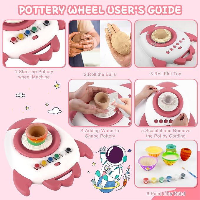 deAO Pottery Wheel for Kids Complete Painting Set for Beginners Mini Pottery Wheel Kit with Air Dry Clay Tools, Arts & Crafts Clay Wheel Toys Birthday Gifts for Girls Boys Age 3+ (Red)-CubbioJoy