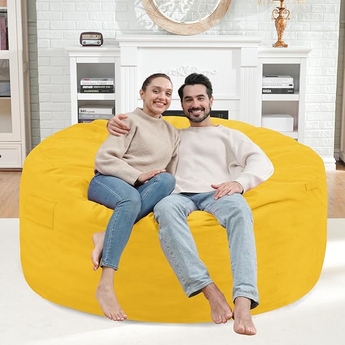 4FT Bean Bag Chair, Large Bean Bag Chairs with Memory Foam Filled, Fluffy Beanbag Sofa with Dutch Velvet Cover, Round BeanBag Chairs for Living Room, Playroom - Lemon-CubbioJoy