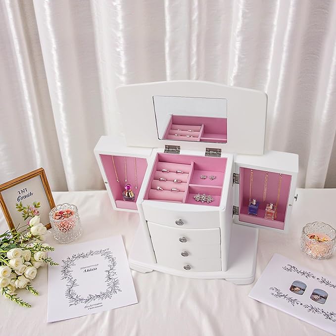 Jewelry Box,White Wooden Jewelry Box With Top Mirror, Jewelry Organizer Wooden Is Suitable For Storing Rings,Bracelets,Necklaces Etc-CubbioJoy